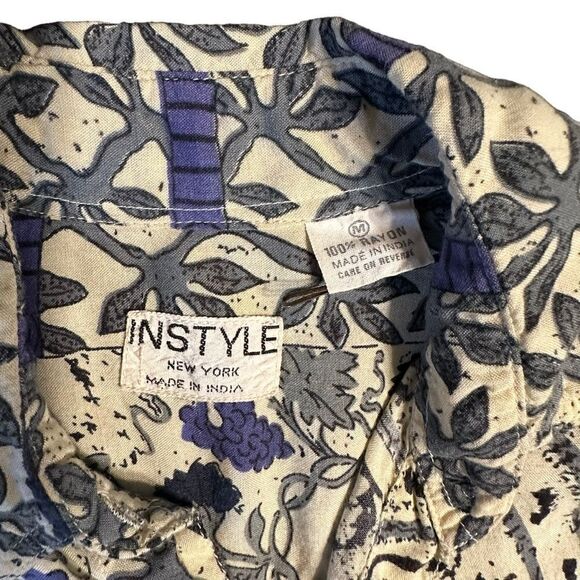 90s Instyle Long sleeve abstract pattern grey and black Rayon button down size M - Picture 6 of 11